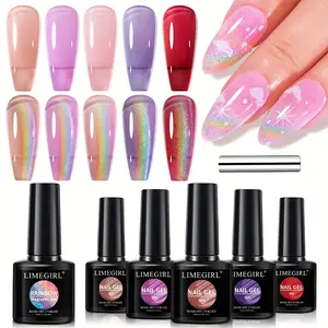 7Pcs Rainbow Holographic Cat Eye Gel Nail Polish Set Shimmery Magnetic Nail Gel With Magnet Stick Transparent Base Color  Nail Art Supplies For DIY Manicure Beginner Salon Nail Enhancement Cosmetic