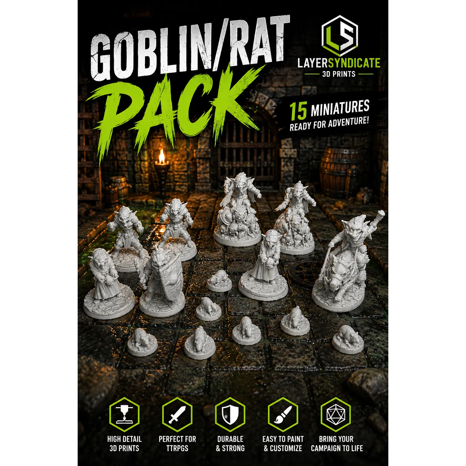Goblin & Rat Pack Figurines & Miniatures - 15 Miniatures, 32mm Tabletop, 3D Printed D&D Statues, Durable, Easy to Paint & Customize Home Decor