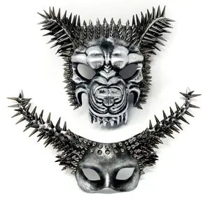 Steampunk Couples Masquerade Masks, Men Women Devil Demon Goat Horn Costume Halloween Party Mask