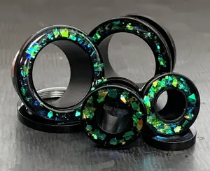 PAIR of Stunning Green Opal Glitter Rimmed Black Screw Fit Tunnels/Plugs - Gauges 0g (8mm) thru 5/8" (16mm)