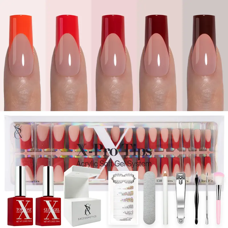 SXC Cosmetics X-Pro Tips French Tip Press on Nails – French Red Edition Starter Kit 150PCS, 15 Sizes, 5 Styles, Beginner-Friendly Red117Kit-M Square