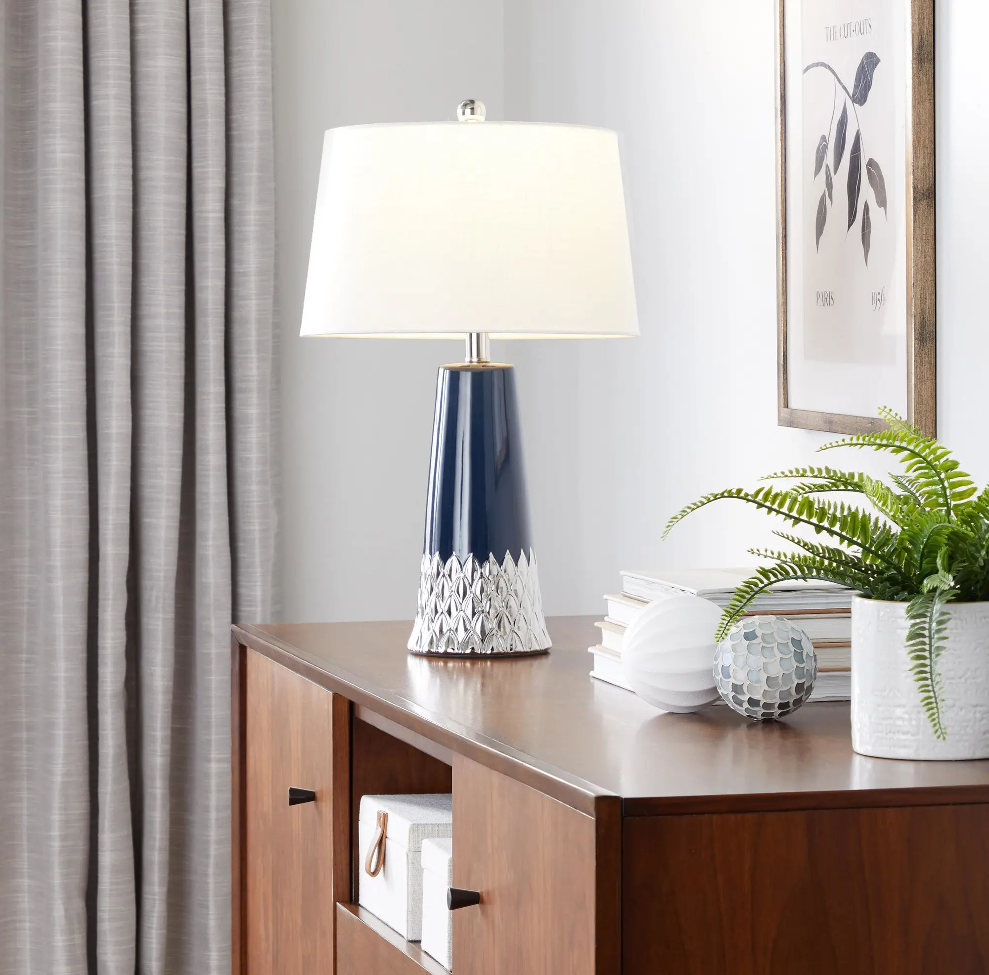 Contemporary Ceramic Table Lamp with Dark Blue & Silver Body and White Shade, 22" Penelope
