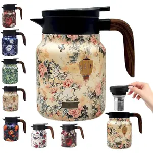 Vintage Floral Pattern Tea Pots – Built-in Infuser,Vintage Floral Teapot with Built In Infuser Stainless Steel Thermal Carafe with Lid for Hot Drinks,Pink(Wooden handle,35oz)