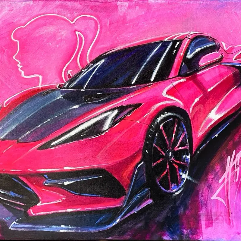 Barbie Pink Corvette Print - Art Print - Hand painted artwork - Pink C8 Print