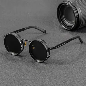 Polarized Round Sunglasses, ND9 Adjustable Dimming Shades, Retro Punk Metal Eyewear, UV400 Protection Outdoor Glasses for Men Women Fishing Daily Use