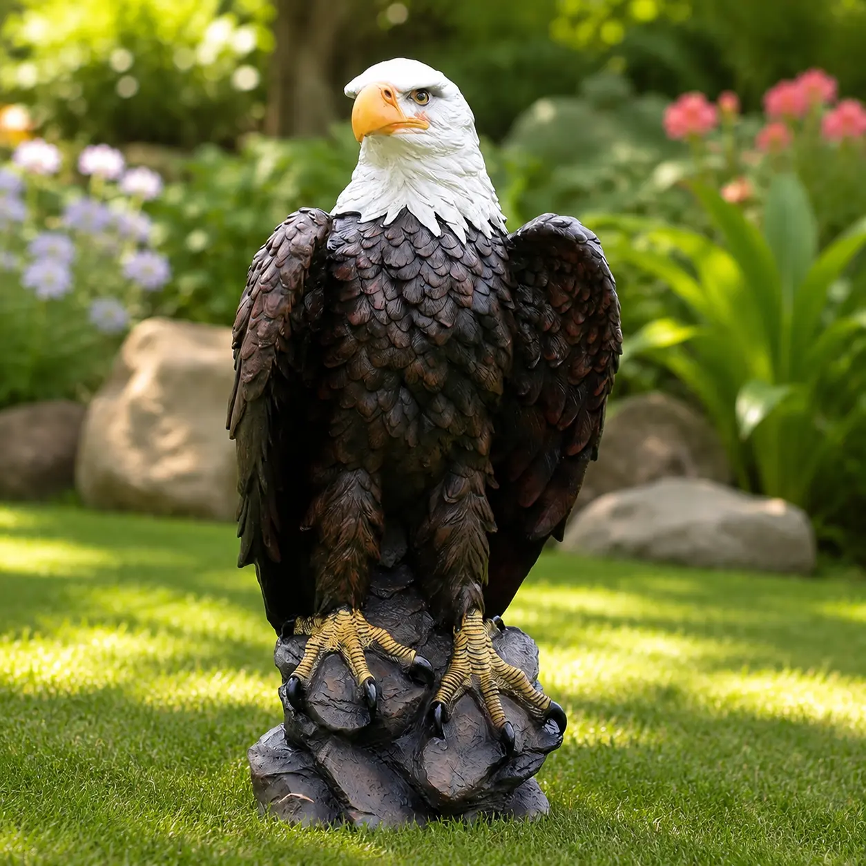 littleox 13" H x 24.4" L Large Standing Bald Eagle Garden Statue, Hand-Painted American Eagle Sculpture, Indoor & Outdoor Lawn Courtyard Decor, Patriotic Themed Ornament