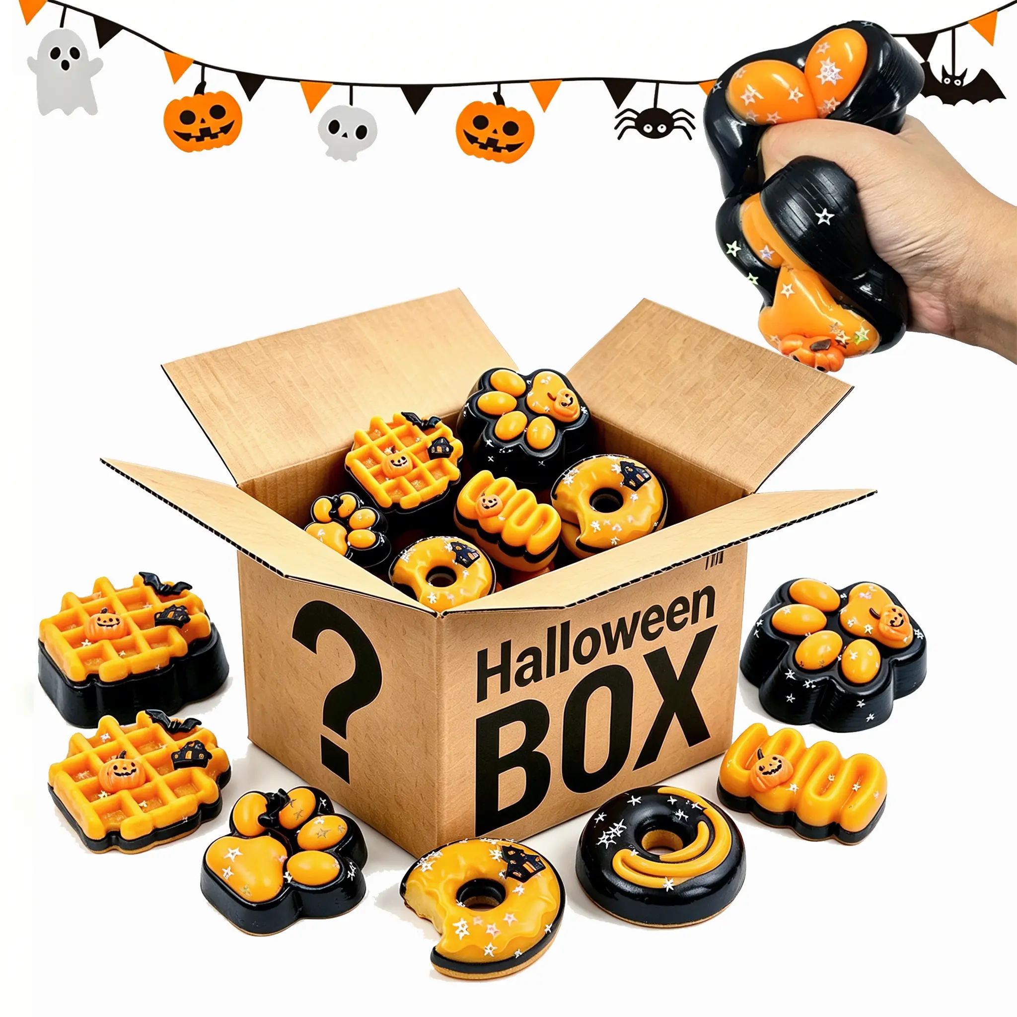 5-Pack Halloween Squishy Game Changer Giant Cat Paw + Pumpkin Donut Waffle Butter Stick | Ultimate Stress Relief Fidget Toys