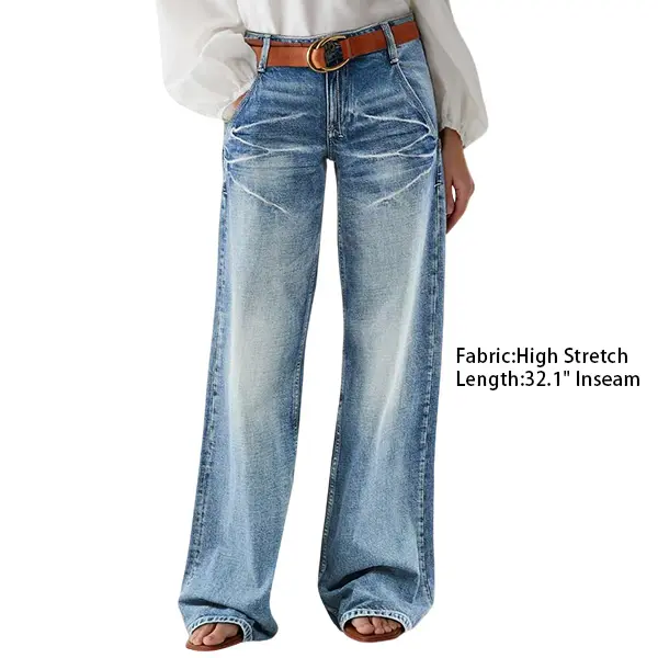 Flamingals Belt Wash Mid Waist Straight Leg Jeans Without Comfort Pocket Womenswear Bottom Streetwear Denim Fit Blue Comfortable Simple