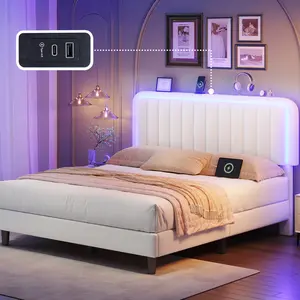 TryLazy【 LED 】 Bed Frame with USB Charging Station App Controlled Adjustable Headboard Lighting Modern Upholstered Platform No Noise No Box Spring Bedroom Furniture Gift