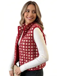 A women's red and white plaid lamb fleece sleeveless Fitted vest, Casual Comfy Vest, its casual style is suitable for relaxed occasions such as daily outings, coffee shop dates in autumn and winter