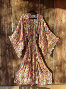 Psychedelic Kimono Robe, Bell Sleeve Silk Duster Cardigan, Flare Sleeve Hippie Boho Rainbow 70s Wrap Dress, rainbow silky robe, gift for her