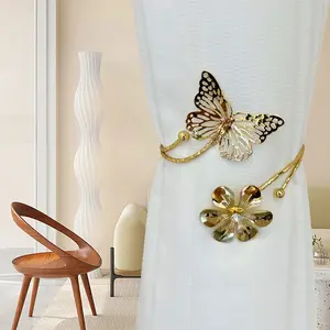 1 Count Elegant Golden Butterfly & Floral Metal Curtain Tiebacks - Adjustable No-Drill Hangers for Living Room, Bedroom, Office Decor, Butterfly Room Accent, Curtain Accessories, Window Treatments, Decorative Tiebacks, Durable Zinc Alloy