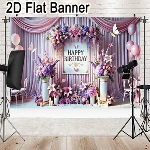 2D flat banner, 1pcLight Pink & Purple Happy Birthday Party Setup | Floral Backdrop with Draped Curtains, Gold Frame Sign, and Balloons for Elegant Celebrations