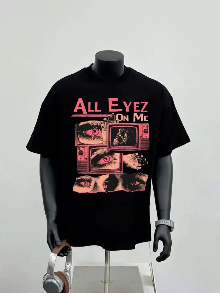 ALL EYEZ ON ME Vintage Hip Hop Print Horror Aesthetic Unisex Vintage Graphic T-Shirt Oversized Retro Tupac Streetwear Unisex Heavy Cotton Black Tee Gift For Hip Hop Streetwear Fans Y2K Street Casual Outfit Baggy Gym Fits Summer Essential Workout Tops