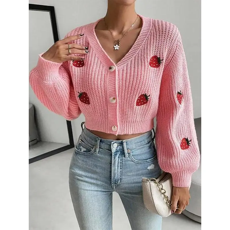 Women's Strawberry Embroidery Button Front Crop Cardigan, Casual Drop Shoulder Long Sleeve V Neck Knitwear for Fall & Winter, Fashion Ladies' Knit Clothing for Daily Wear??pink cardigan