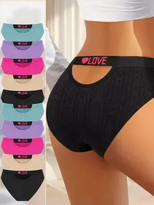 10pcs Ladies' Seamless Low Waisted Underwear Fashionable Color Blocking Comfortable Black Hip Hugging Love Hollow Design