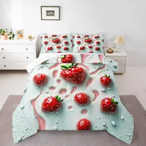 Feelyou Strawberry Print Soft Bedding Sets - Multi-Size, Lightweight Warm Hawaii Down Comforter, Cream Dessert Travel-Friendly Quilt for Girls