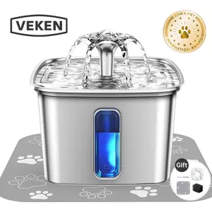 【Veken】Innovation Award Winner Stainless Steel Cat Water Fountain, 108oz/3.2L Automatic Pet Fountain Dog Water Dispenser with Replacement Filters & Silicone Mat for Cats, Dogs, Multiple Pets