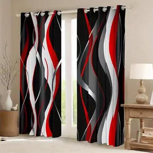 2-piece set of wave striped digital printed curtains, made of semi transparent polyester material with pole bag design, suitable for bedroom, living room, dining room decoration, and room decoration throughout the year