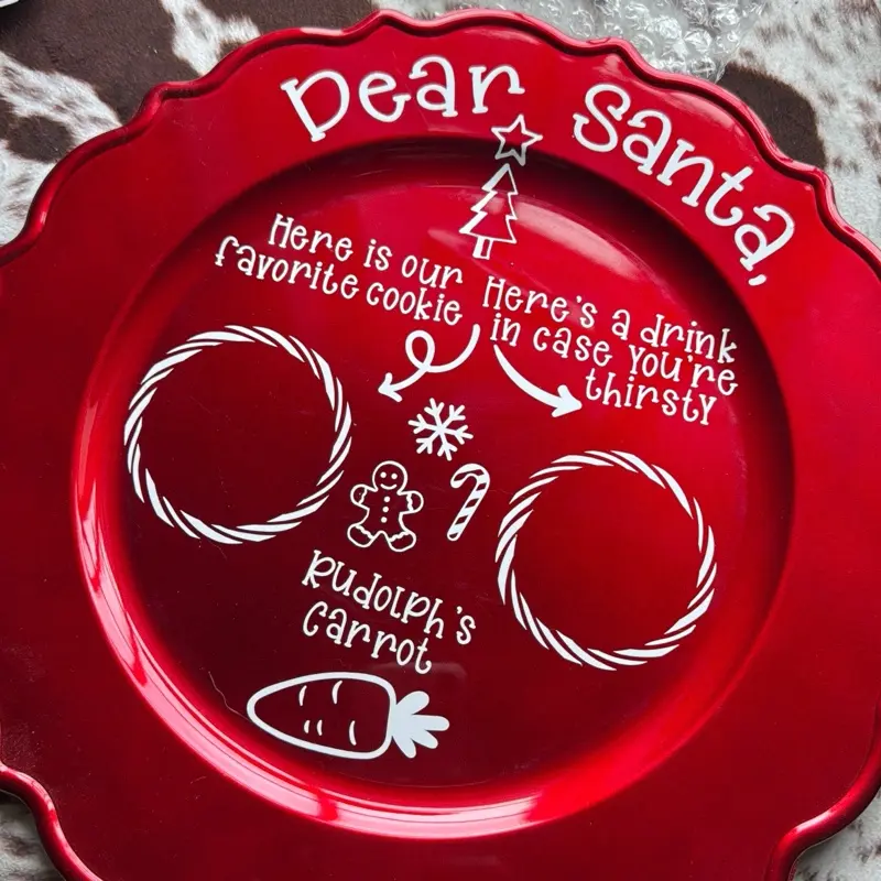 Dear Santa Handmade Red Plastic Plate for Kids - Reusable Christmas Cookies & Milk Tray with Rudolph's Carrot Design