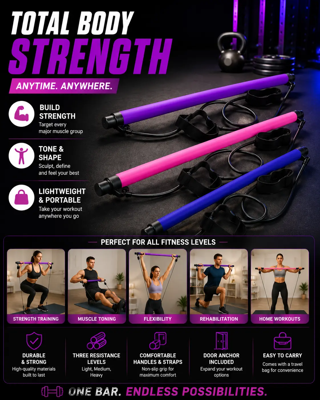 Unisex Adults' Adjustable Pilates Bar Kit - 92cm PVC Coated Compact Stick, Latex Resistance Bands Set with Foot Straps, Strength Train Equipment for Full-Body Home Workouts, All Seasons Use, DBP & DEHP-Free
