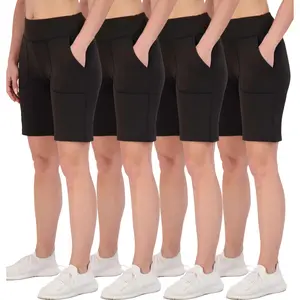 Real Essentials 4 Pack: Women's 9" Bermuda Long High Waisted Shorts with Pockets Casual Workout Athletic (Available in Plus)