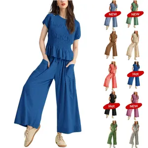 【NEW】Antnation Womens 2 Piece Smocked Top Wide-Leg Pants Set High-Waisted Lounge Outfit with Pockets Casual Boho Matching Set