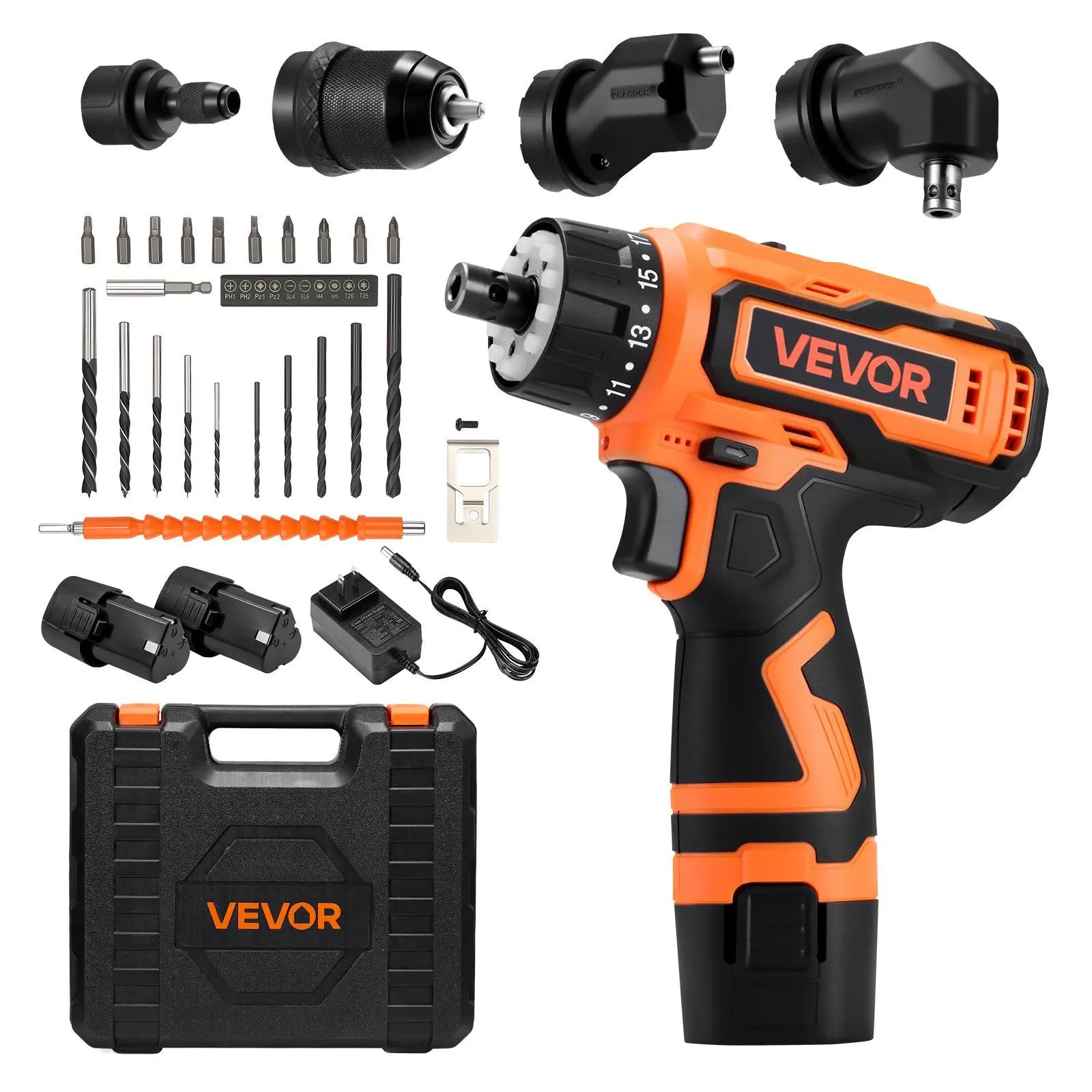 【toolupgrade】VEVOR Cordless Power Drill Driver - 5-In-1 Rechargeable Lithium Drill with Metal ChuckDual-Speed Variable2 Lithium BatteriesChargerTool Box for WoodMetal DrillingScrew Tightening/Loosening, Impact Drill Driver