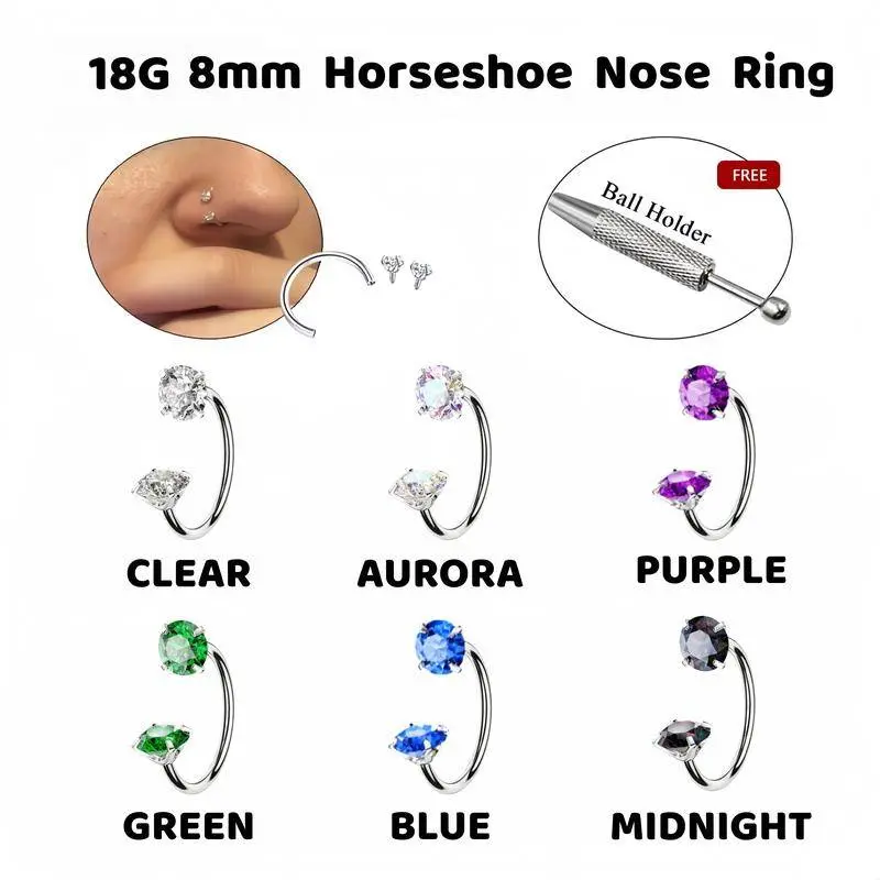 Women's Unisex 6-Piece Casual Fashion Horseshoe Nose Ring Set for Nose Piercings, 18G 8mm Hypoallergenic Surgical Steel, Internally Threaded with 3mm Zircon Stones, Free Tool, Implant-Grade Skin-Friendly, 6pcs-(clear+aurora+blue+midnight+green+purple), Ed