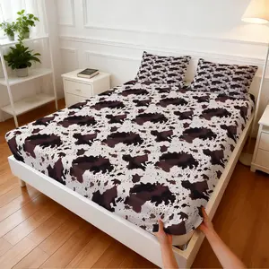 3Pcs American Cow Print Fitted Sheet Set, Retro Ranch Style Design, Non-slip Fit Skin-friendly Breathable, Ideal for Summer Western-style Bedroom Renovation