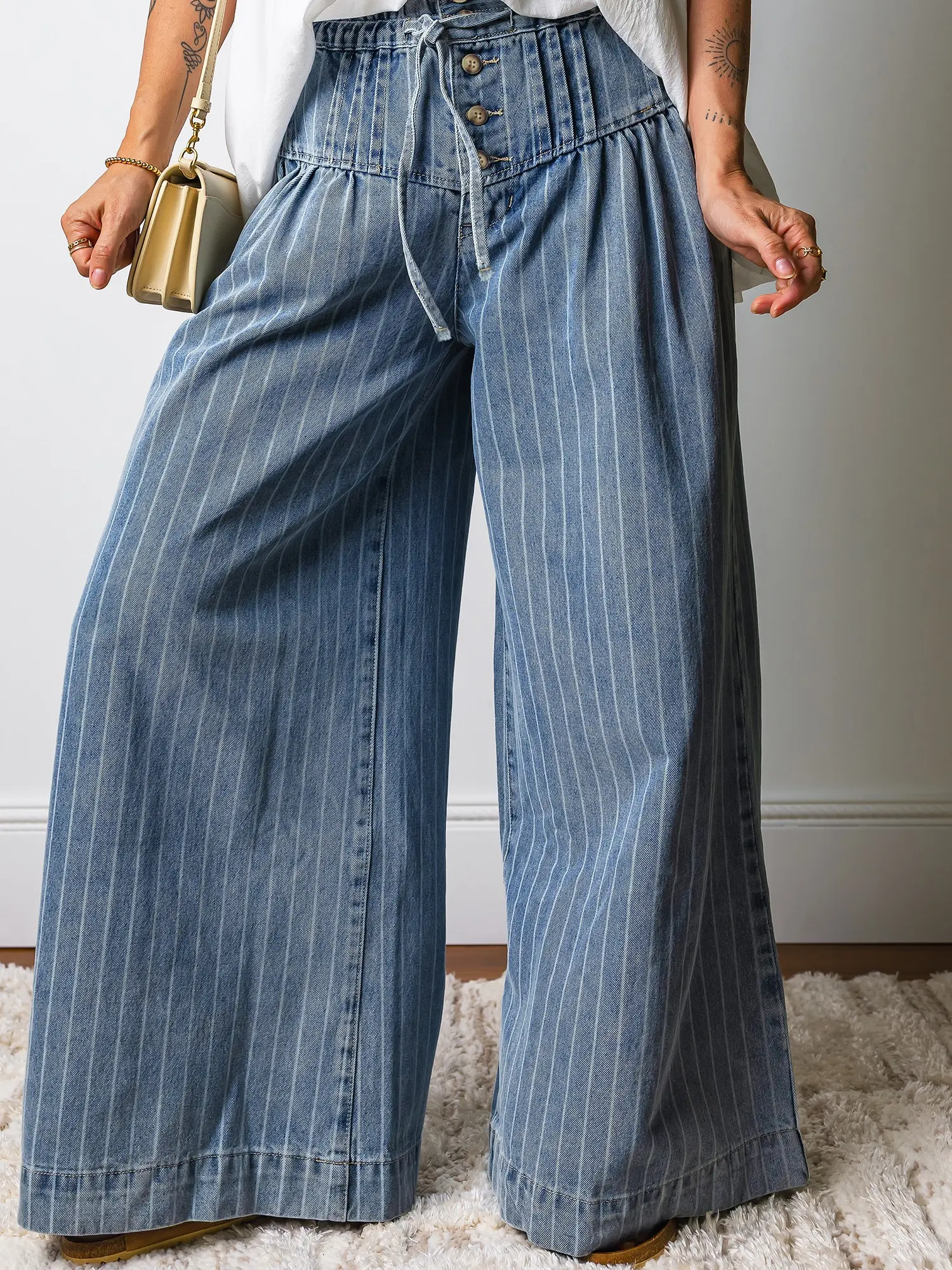 Women's Striped Denim Pants, Casual Wide Leg Style with a Pleated Paperbag Waist and Drawstring Tie, Bottom, High Waist, Jeans, Baggy, Lady, Simple Fits, 90S Look, Streetwear, Basic, Loose, All Season, Jeans For Women, Relaxed Jeans