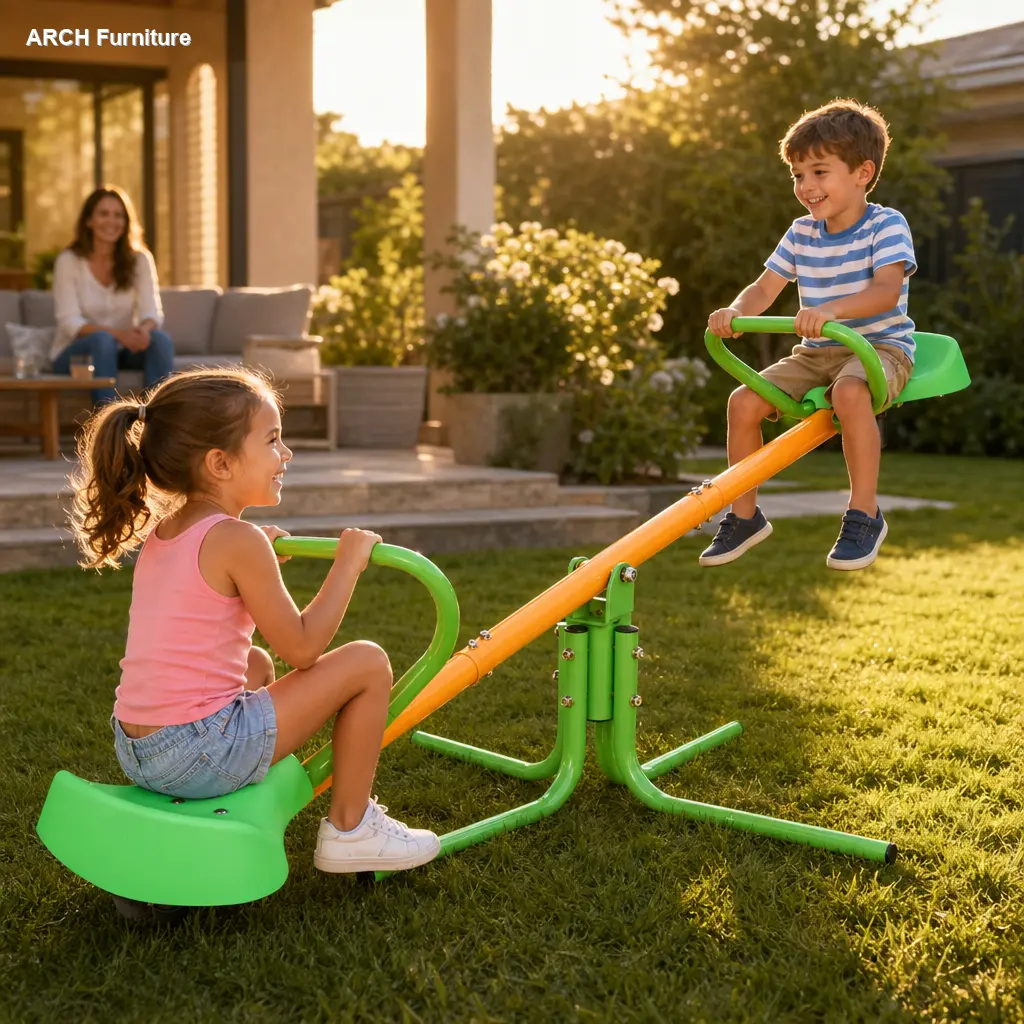 Kids' 360-Degree Rotation Arch Iron Frame Spinning Seesaw - Sit-and-Spin Swivel Teeter Totter for Ages 3-8, Backyard Playground Equipment, Outdoor Play Furniture
