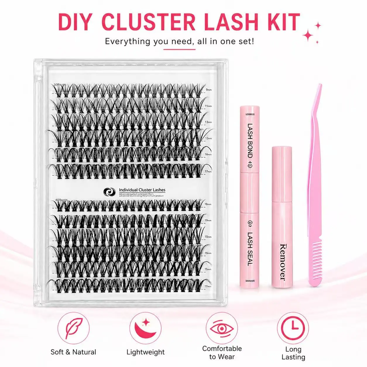 Personalized eyelash extension set with mixed lengths, including adhesive, sealant, remover, tweezers, and an eyelash curler; natural lashes designed specifically for women—professional eye makeup accessories.