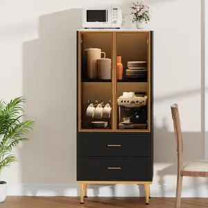 Fluted Storage Cabinet with Glass Door and 2 Drawers - Modern Display Storage Cabinet - Kitchen Pantry with Adjustable Shelves for Collectibles/Living Room/Office - Black