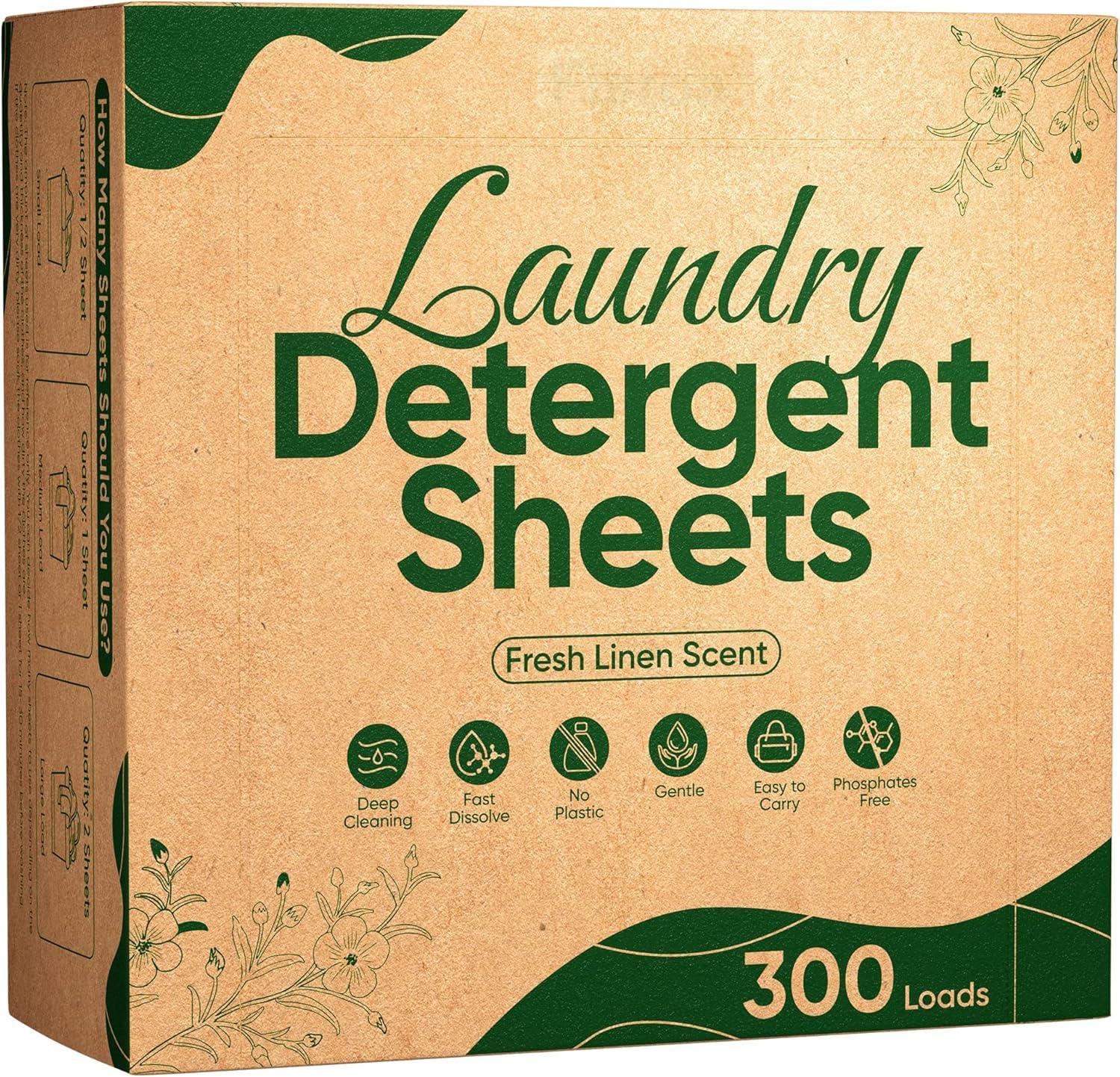 Travel Laundry Detergent Sheets 300 Loads Eco-friendly Washing Detergent Sheets Plastic-Free Washer Strips, Fresh Linen Scent Liquidless Laundry Strips for Camping Dorm