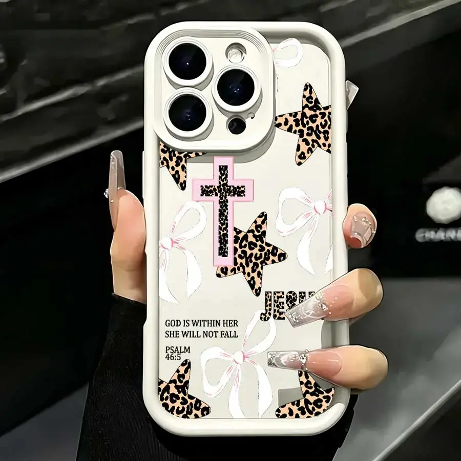 Y2K Leopard Star Cross Bow Faith Quote Matte Silicone Phone Case Shockproof Anti Drop Protective Cover For 13 14 15 16 17 Pro Max Series