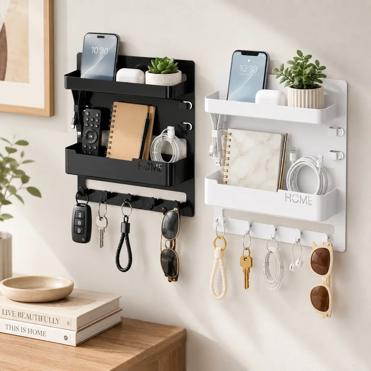 Compact Wall-Mount Floating Shelf - Bedside Organizer with Phone Holder, Remote Control Rack, Small Space Decor for Dorm Room, Small Bedroom, Shelves