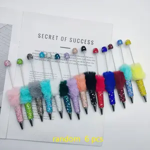 6pcs Warm Winter Fuzzy Rhinestone Beaded Pens, Plush Decorated Water Drill Ballpoint Pens, Smooth Writing Pens, DIY Craft Kit, Party Gift, School Supplies