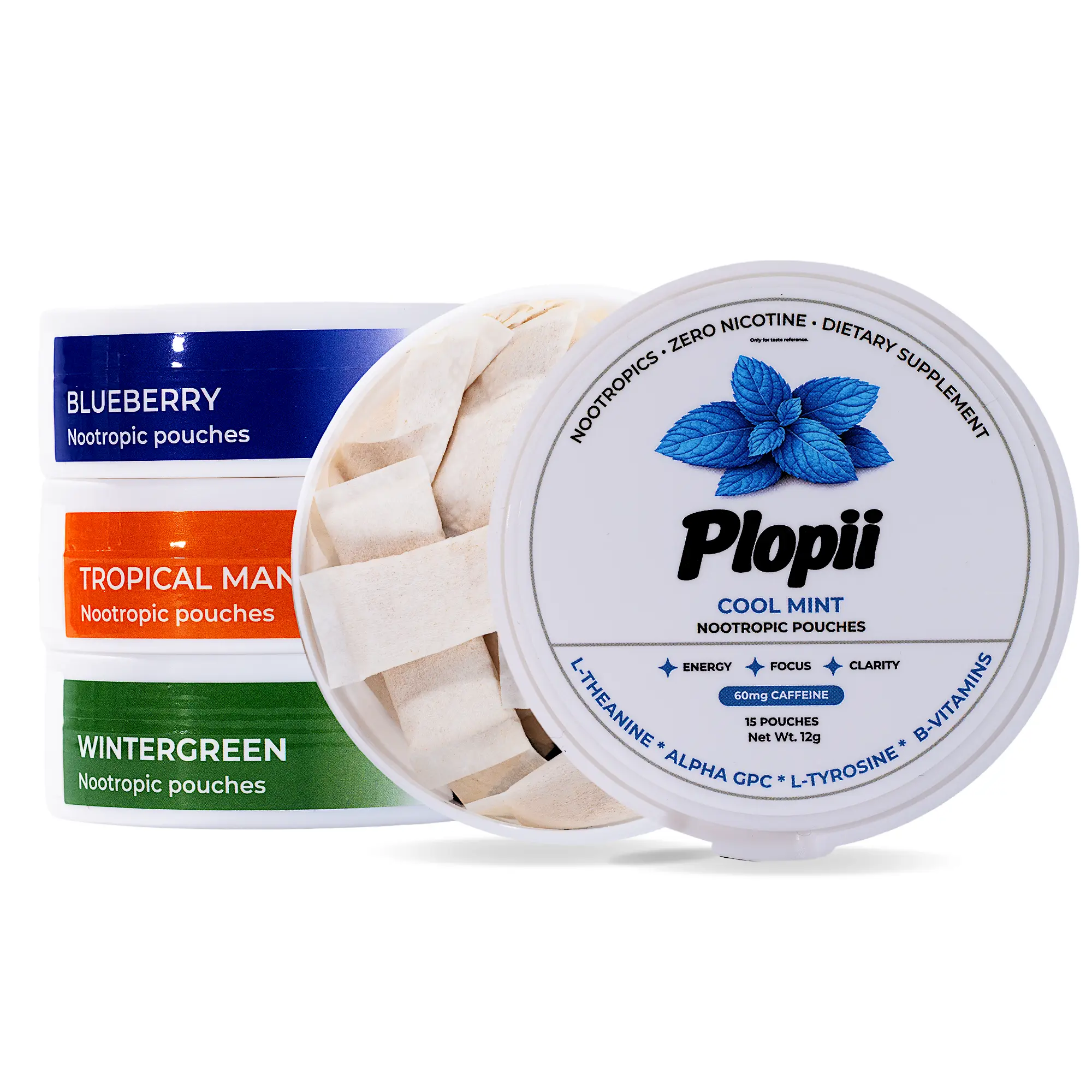 Plopii Caffeine Focus & Energy Nootropic Pouches | Alpha GPC, L-Theanine, L-Tyrosine, Ginseng, Vitamin B6 + B12 | No Jitters, No Crash | Nicotine-Free (4-Pack)