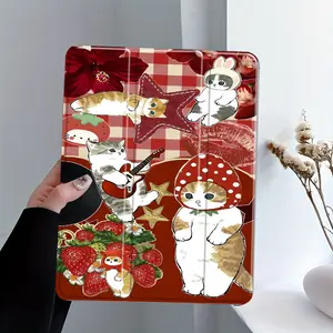 Gingham & Cat Collage iPad Case, Tablet Casing, Tablet Accessories, Mushroom Cat & Guitar Kitten Print, Trifold Stand, Auto Wake/sleep, Anti-Drop Scratch-Resistant, Transparent Acrylic Back, Fits iPad 7.9/8.3/10.2/10.5/10.9/11/12.9 inch