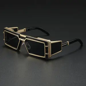 Unisex Architectural Geometry Sunglasses - Futuristic Glam Black-Gold Metal Oversized Square Frames with Cut-Out Accents, Polished Finishes, Mirrored Dark Lenses, UV400 Protection, Ornate Luxe Detailing for Bold Style Statement, Sports, Outdoor Cycling
