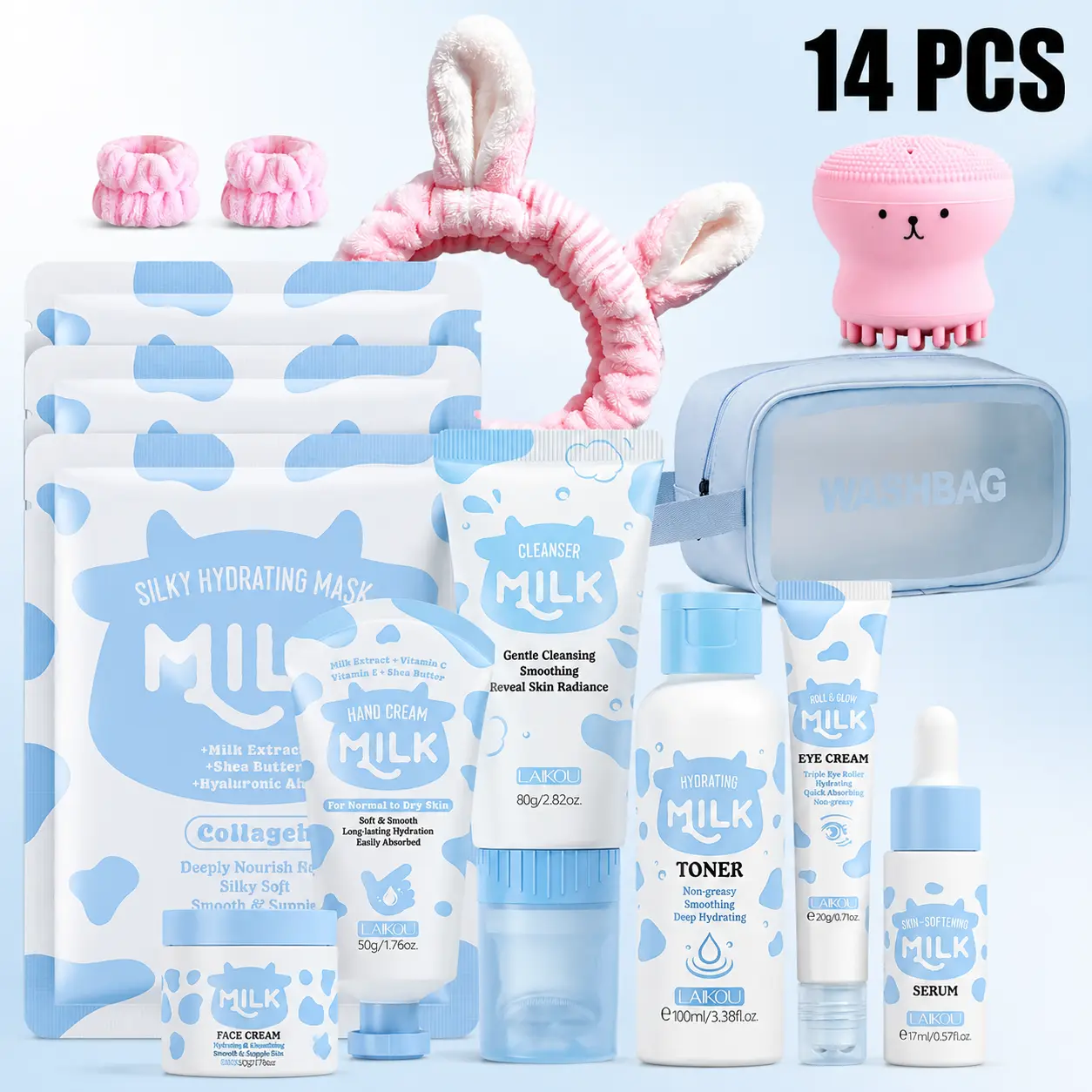 14PCS Milk Hydrating Skincare Gift Set for Women Teen Girls, Full Facial Care Kit Cleanser Toner Serum Eye Cream Hand Cream Face Mask Headband with Travel Cosmetic Bag