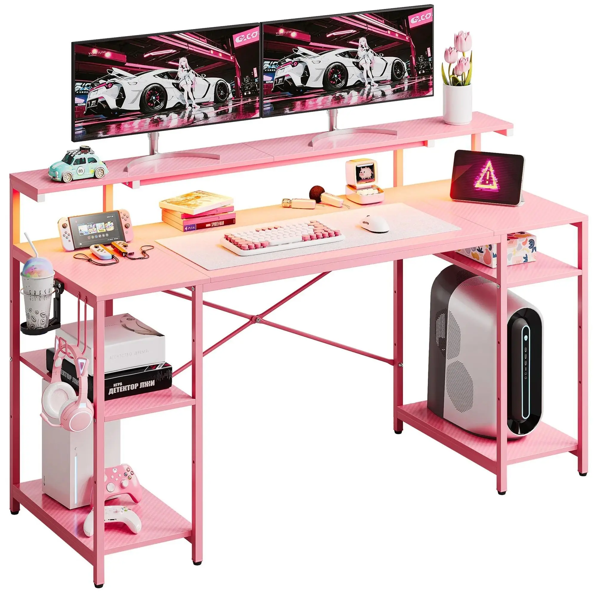 Bestier 55'' Pink Gaming Desk – Corner Computer Desk with LED Lights ...