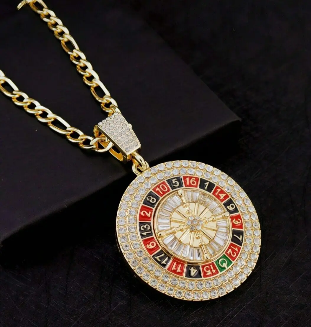 MaxBling81 Gold Plated Spinning CZ Casino Roulette Pendant - 5mm 24" Figaro Chain Link Chain, Daily Wear Necklace, Casual Use, Gift for Costume Jewelry Enthusiasts, Chain Link Necklaces
