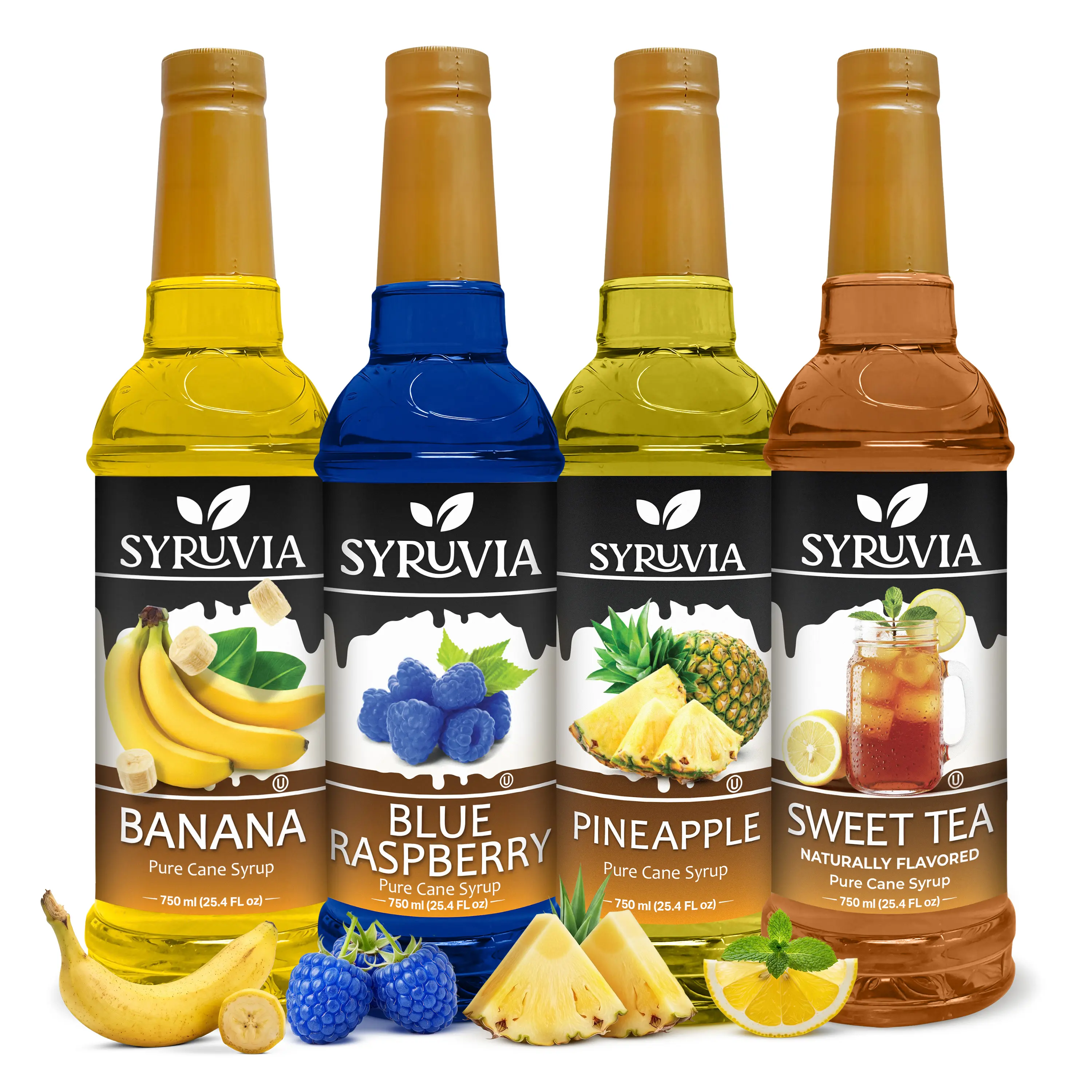 Syruvia Fruity Collection, Variety Pack – Banana, Blue Raspberry, Pineapple & Sweet Tea Syrup – Great for Iced Teas, Sodas, Lemonades & More – 25.4 Fl oz Bottles (4 Pack)