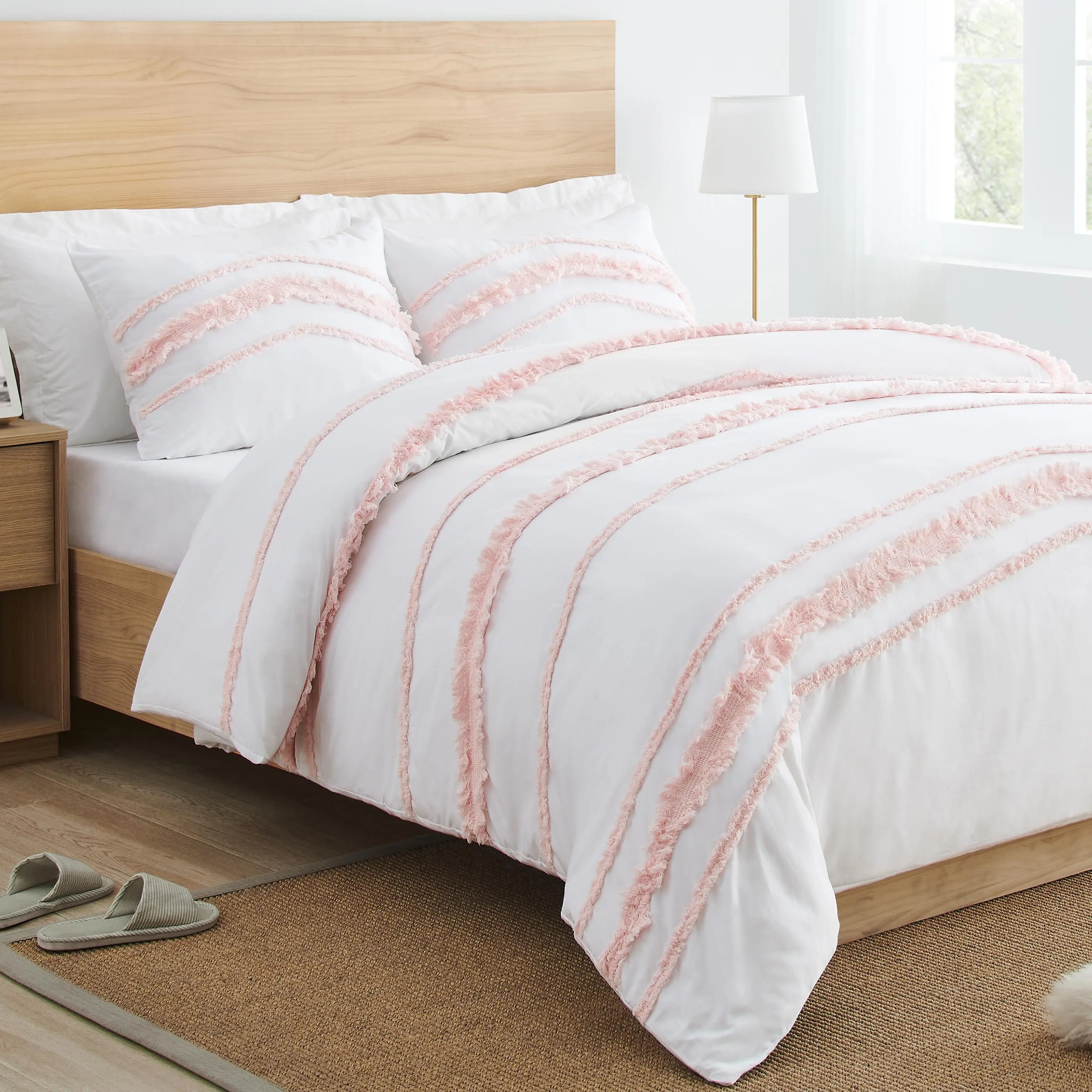 Sweet Jojo Designs 3-Piece Queen Comforter Set (Pink Cotton Boho Bohemian) for Girls, Teen, Kids Full Size Bedding, Bed in a Bag incl. Blanket & Pillow Sham (Blush, Farmhouse, Shabby Chic, Designer)