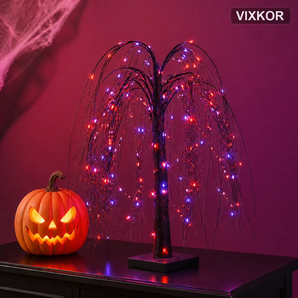 Halloween Willow Tree Lights, Purple and Orange LED Branch Lamp, Spooky Tabletop Décor, USB/Battery Operated, Perfect for Haunted Houses, Parties and Gothic Decorations-VIXKOR