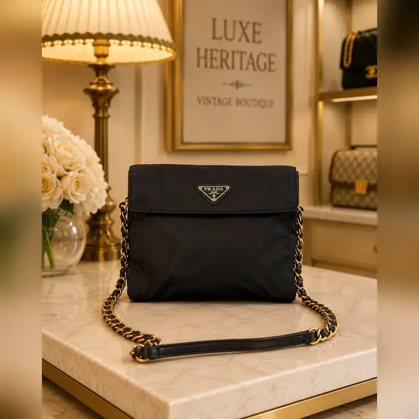 Pre-owned PRADA fance Crossbody Bags Tessuto Nylon Chain Shoulder Bag Black Gold Hardware LA22929303