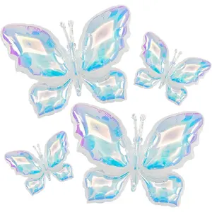 4Pcs Iridescent Foil Balloons, Iridescent Butterfly Foil Balloons, Rainbow Butterfly Holographic Clear Foil Balloon for Birthday Baby Shower Mermaid Rainbow Wedding Party Decorations