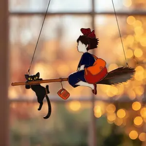 Kiki's Delivery Service Suncatcher, Ghibli Inspired Acrylic Ornament, Jiji Cat Witch Broom Home Decor, Christmas Gift